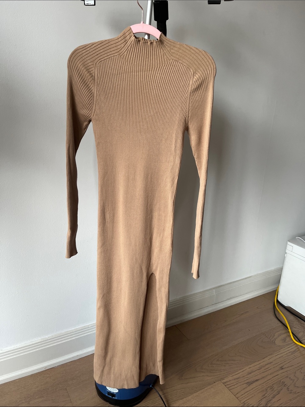 Aritzia Wilfred Long-Sleeve Ribbed Mock-Neck Dress with Slit in Camel